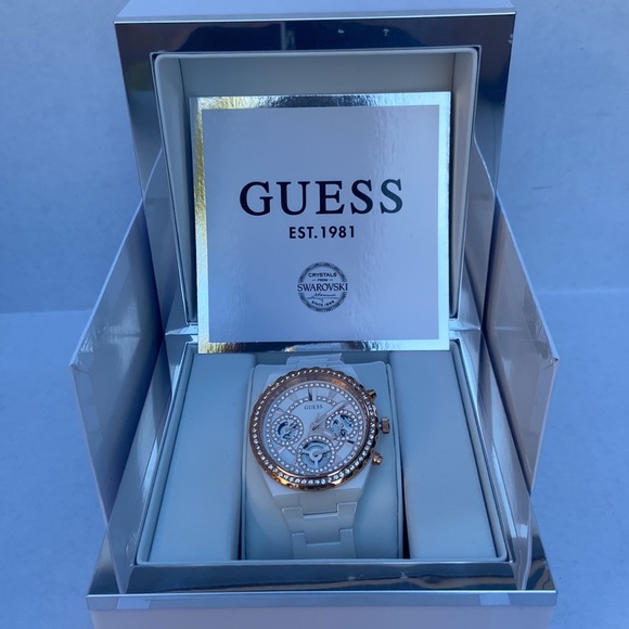 New GUESS Rose Gold-Tone and White Ceramic Multifunction Watch - Picture 7 of 9